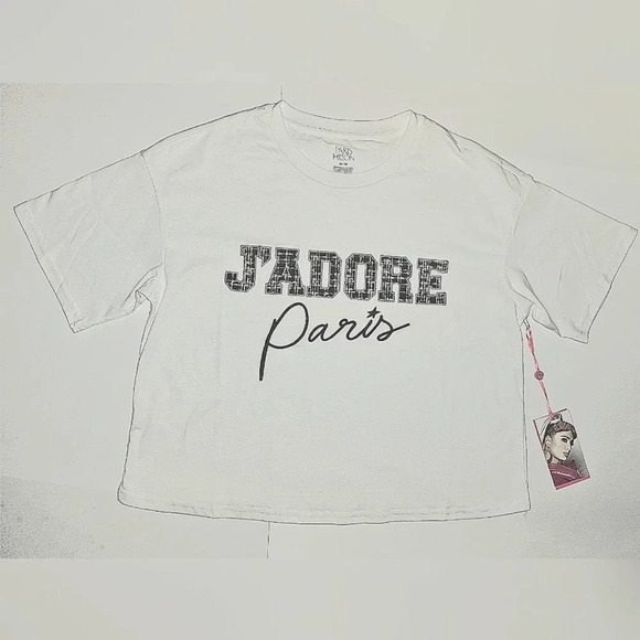 Paris Hilton J'adore Paris Embroidered Tweed Graphic Cropped Tee NWT - Picture 9 of 9